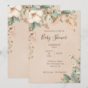 Convite Bonito Script Floral Elegante Gênero Nêutico Beb