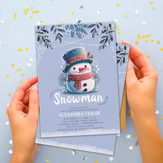 Convite Bonito Snowman - Luzes mágicas Chá de fraldas de i (sweet little snowman magical winter wonderland baby boy shower invitation children watercolor)