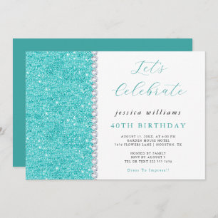 Convite Bonito Sparkle Sequins & Diamantes Teal Birthday