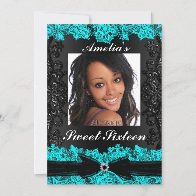 Convite Bonito Teal & Black Lace Foto Sweet 16 Invite (Frente)