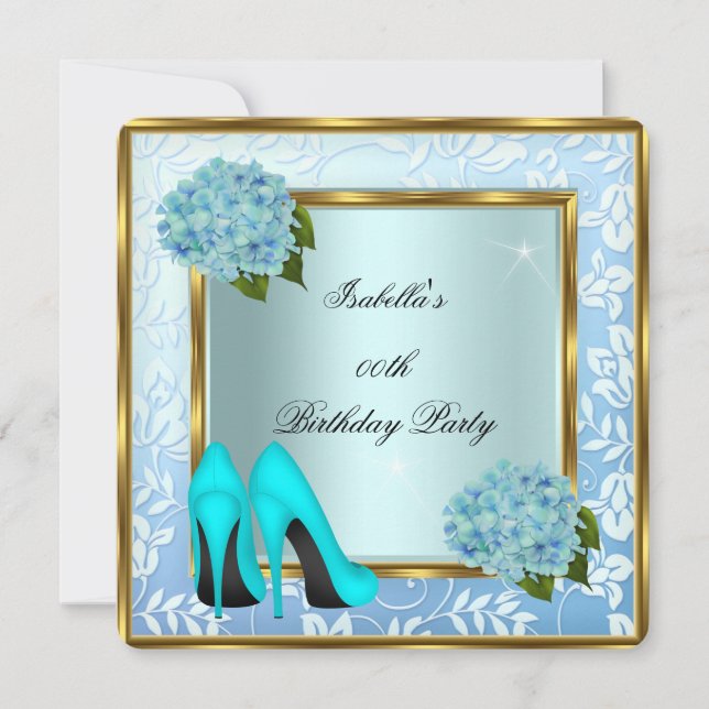 Convite Bonito Teal Hydrangeas Floral High Heels Aniversár (Frente)