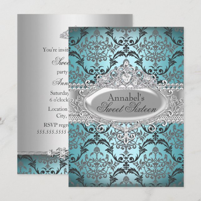 Convite Bonito Teal & Silver Damask Sweet 16 Invite (Frente/Verso)