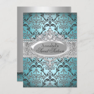 Convite Bonito Teal & Silver Damask Sweet 16 Invite