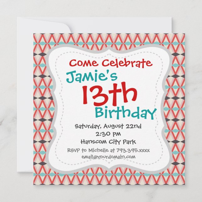 Convite Bonito Teal Vermelho Aztec Tecendo Padrão Diamante (Frente)