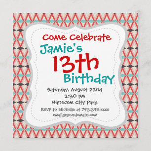 Convite Bonito Teal Vermelho Aztec Tecendo Padrão Diamante