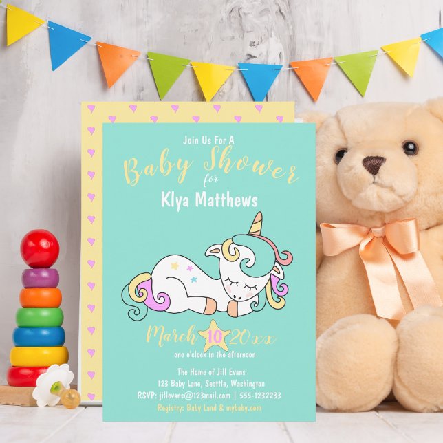 Convite Bonito Unicórnio Bebê, Chá de fraldas Colorido (Cute Baby Unicorn - Baby Shower Invitation)
