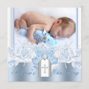 Convite Bonito White Cross Baby Blue Christening