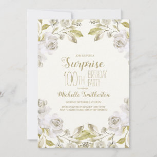 Convite Bonito White Watercolor Floral 100º Aniversário