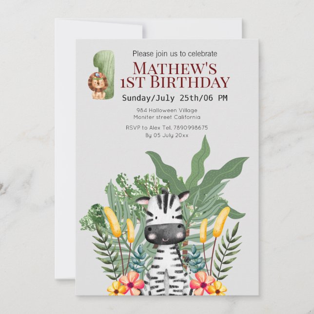 Convite Bonito zebra l Animais selvagens l Safari 1º anive (Frente)