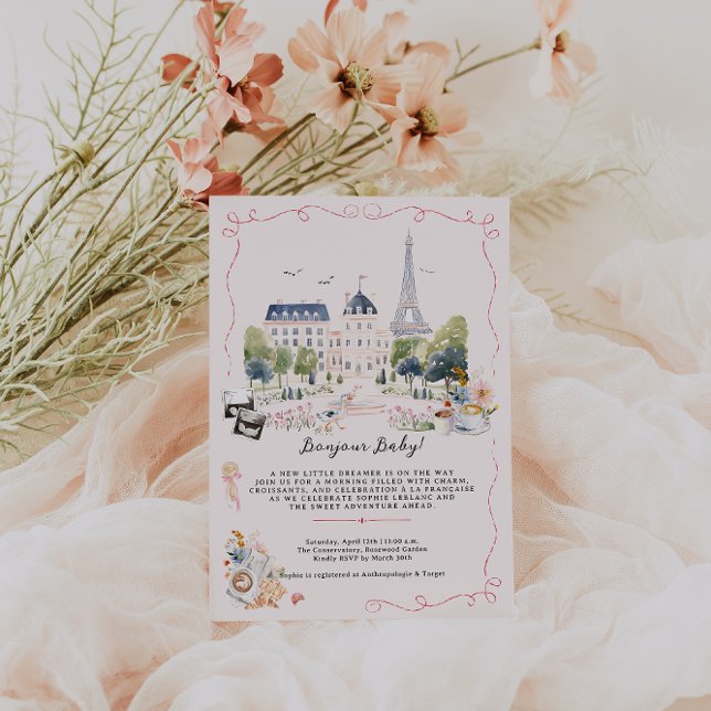 Convite Bonjour Baby! Parisian Watercolor Baby Shower (Criador carregado)