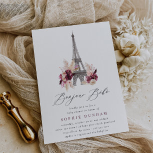 Convite Bonjour Bébé Borgonha Floral Paris Chás de Bebê