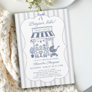 Convite Bonjour Bebe Café Brunch Dusty Blue Chá de Bebê