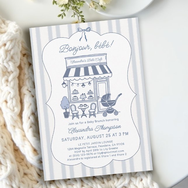Convite Bonjour Bebe Café Brunch Dusty Blue Chá de Bebê (bebe cafe baby shower invitation bonjour dusty blue stripes bow hand drawn brunch theme)