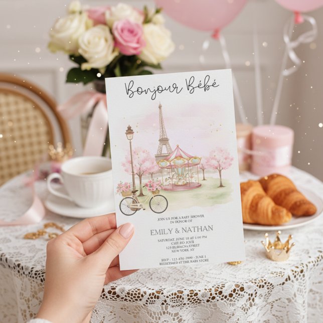 Convite Bonjour Bebe café parisiense rosa meninas da torre (Criador carregado)