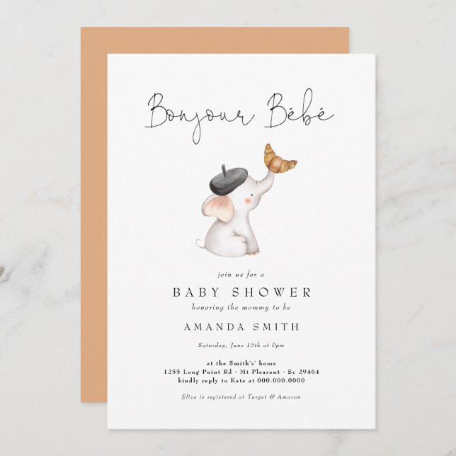 Convite Bonjour Bebe Chá de fraldas Elefante Francês em Pa (Frente/Verso)