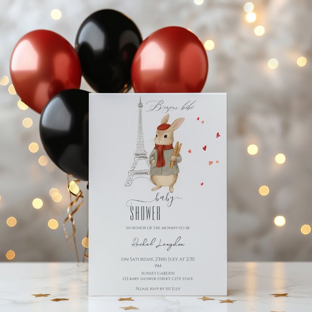 Convite Bonjour Bebe - Chá de fraldas francês do coelho (Criador carregado)