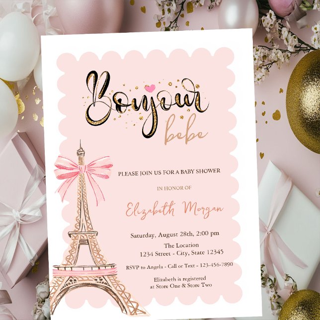 Convite Bonjour Bébé Eiffel Tower Bow Striped Baby Shower (Criador carregado)