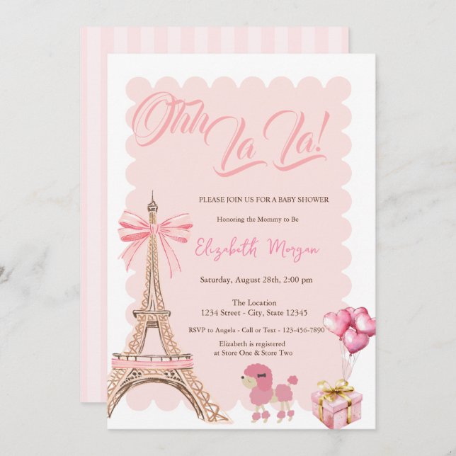 Convite Bonjour Bébé Eiffel Tower Bow Striped Baby Shower (Frente/Verso)