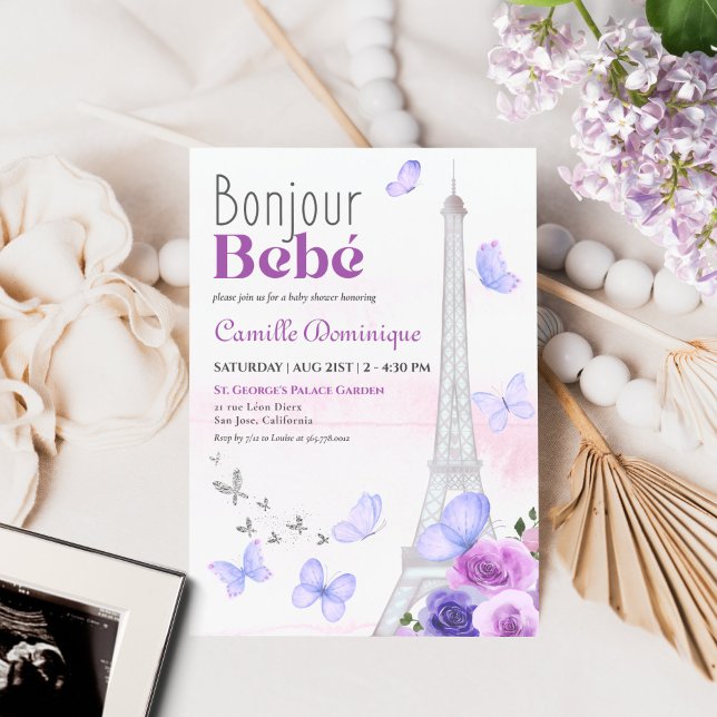 Convite Bonjour Bebé French Eiffel Lavanda Butflies (Criador carregado)