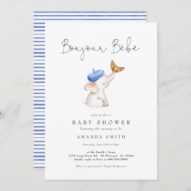 Convite Bonjour Bebe French Elephant Baby Boy Blue Chá (Frente/Verso)