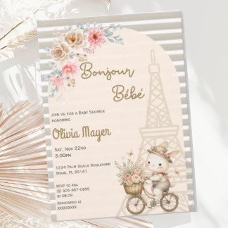 Convite Bonjour Bebe French Paris Bunny Chá de fraldas