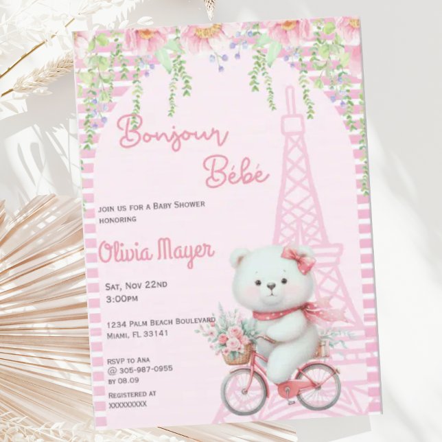 Convite Bonjour Bebe French Paris Pink Bear Chá de fraldas (Criador carregado)
