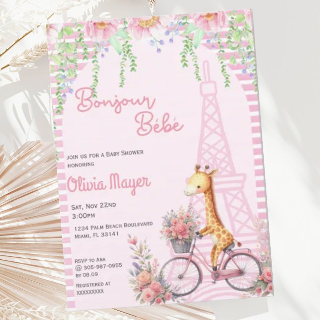 Convite Bonjour Bebe French Paris Pink Giraffe Chá de fral (Criador carregado)
