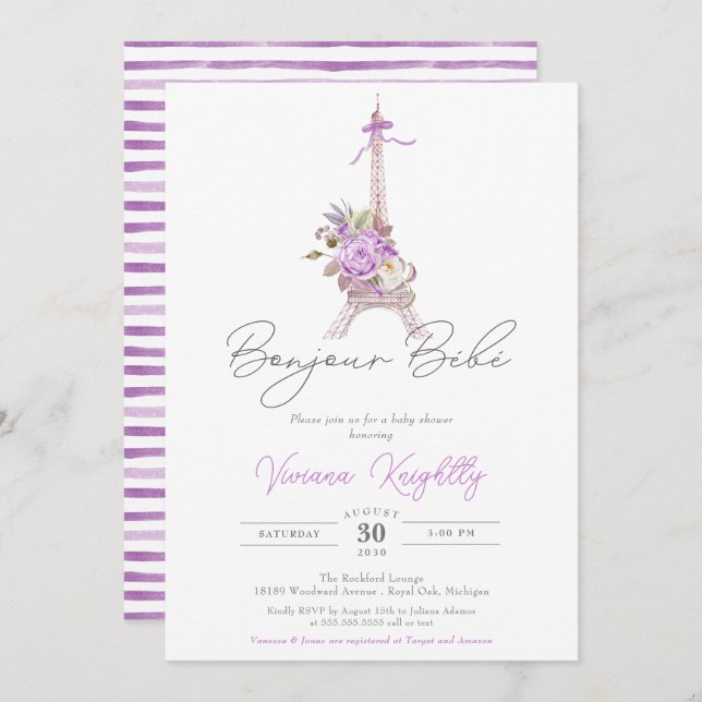 Convite Bonjour Bebe Paris - Chá de fraldas francês Stripe (Frente/Verso)