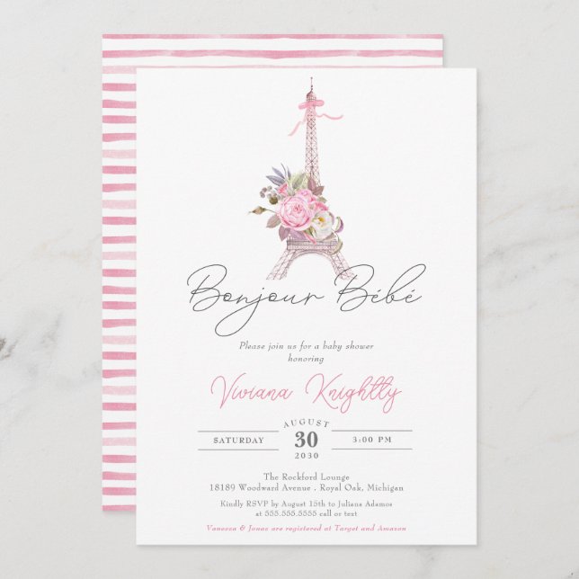 Convite Bonjour Bebe Paris Eiffel Pink Flowers Chá de fral (Frente/Verso)