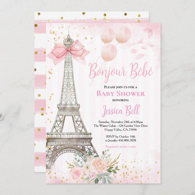 Convite Bonjour Bebe Paris Girl Chá de fraldas Pink Eiffel (Frente/Verso)
