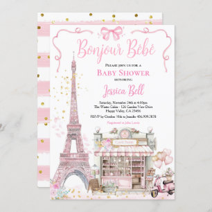 Convite Bonjour Bebe Paris Girl Chá de fraldas Pink Eiffel