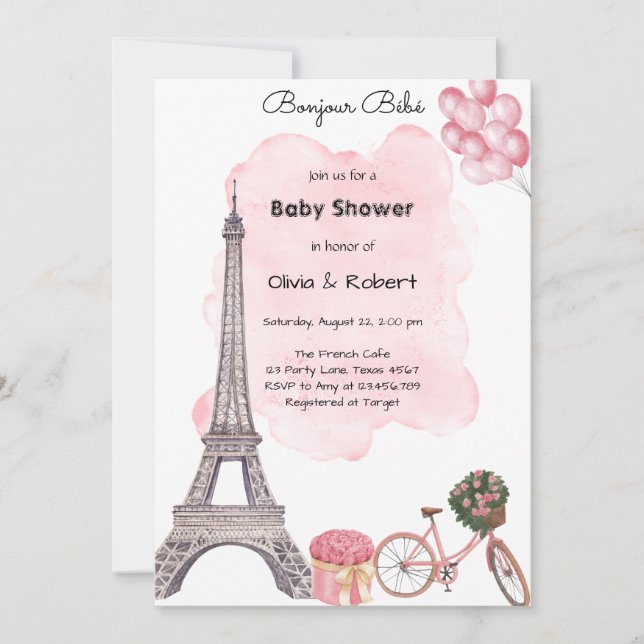 Convite Bonjour Bebe Paris Parisian French Baby Shower  (Frente)