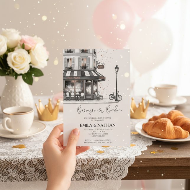 Convite Bonjour Bebe Parisian café pink eiffel tower girls (Criador carregado)