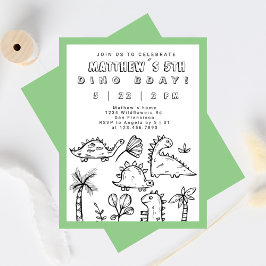 Convite Bons doodles Sage Green Dino Party