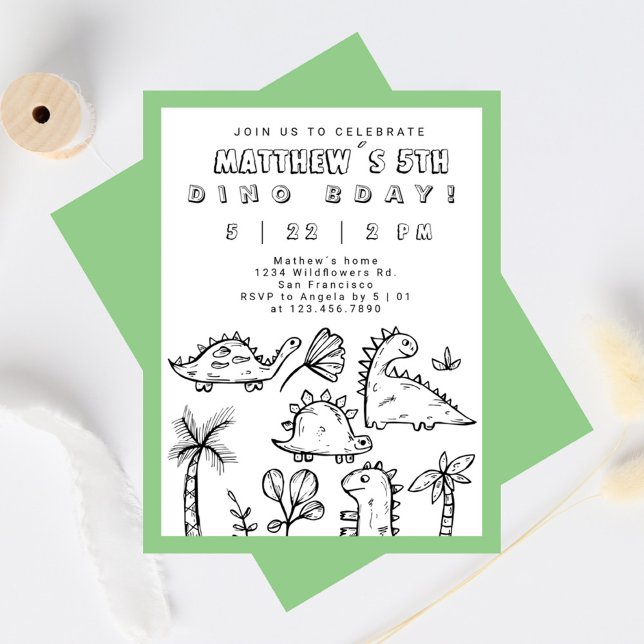 Convite Bons doodles Sage Green Dino Party (Cute Dino Doodles Sage Green Dino Party Kid´s Birthday Invitation)