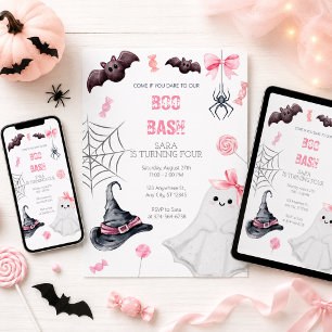 Convite Boo Bash Pink Halloween Aniversário para Meninas