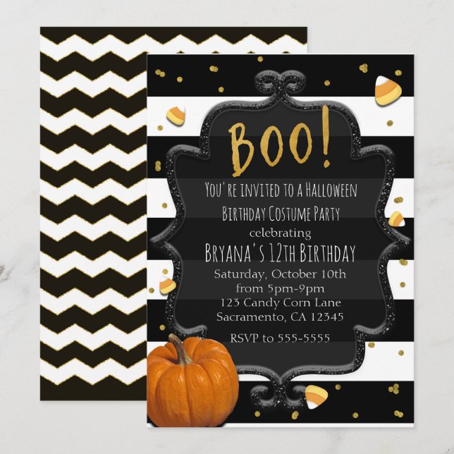 Convite BOO! Candy Corn & Abóbora Laranja Halloween (Frente/Verso)