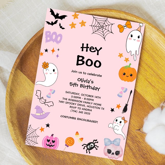 Convite Boo Cute Ghost Halloween 5 Birday (Pink Hey Boo Cute Ghost Halloween 5th Birthday Invitation )
