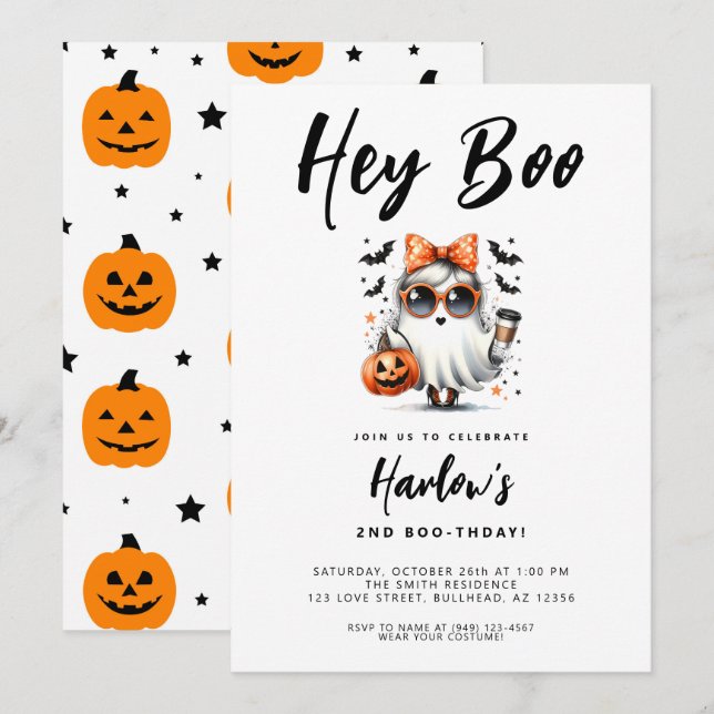 Convite Boo Cute Ghost Halloween Aniversário (Frente/Verso)
