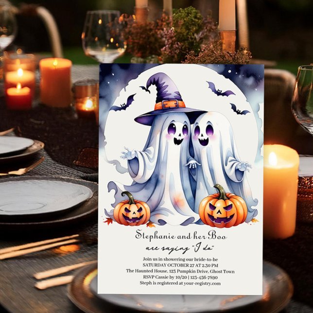 Convite Boo Eu faço Chá de panela de Dia das Bruxas Fantas (Halloween Bridal Shower Invitation with cute ghosts in love saying I do - by Darling & May)