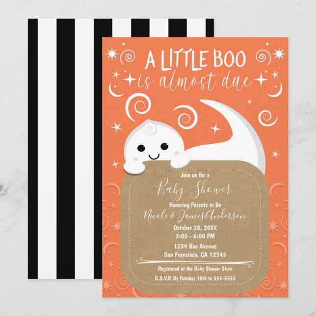 Convite BOO Fantasma Espiando Laranja Chá de Bebê de Hallo (Frente/Verso)
