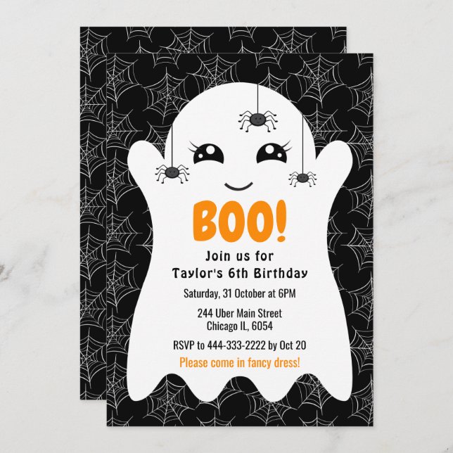 Convite Boo Ghost Halloween Birthday Costume Party Black (Frente/Verso)