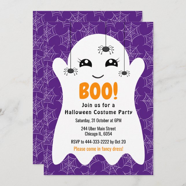 Convite Boo Ghost Halloween Costume Party Purple (Frente/Verso)