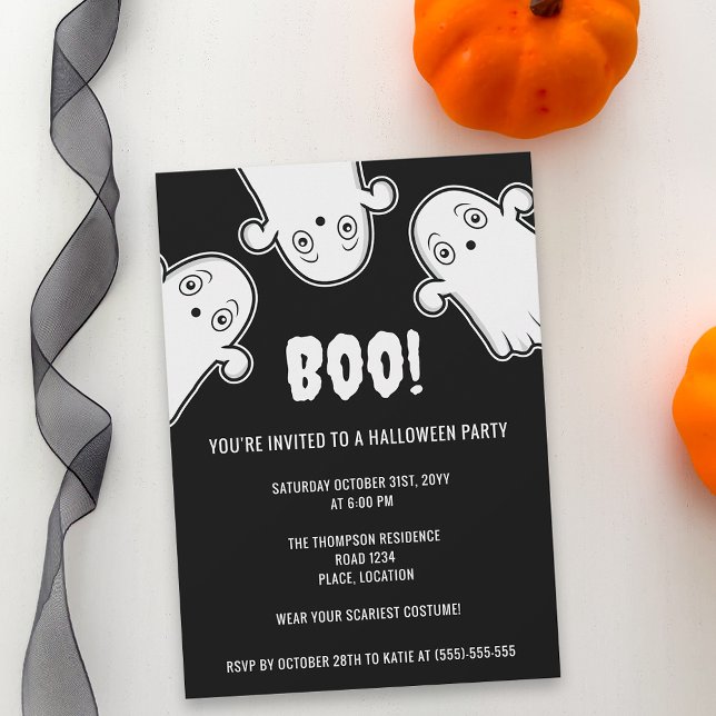 Convite Boo Ghosts Spooky Black White Festa de Halloween (Spooky ghost design for Halloween parties. Personalize the text with the details of your event.)