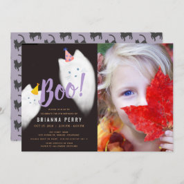Convite Boo! Halloween Ghost Cat Purple Photo Birthday