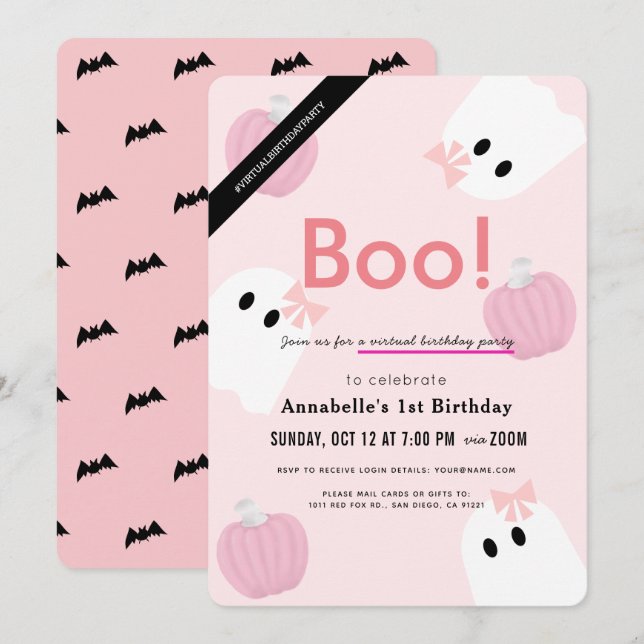 Convite Boo! Halloween Ghost Girl Pink Virtual Birday (Frente/Verso)