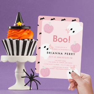 Convite Boo! Halloween Ghost Girl Pumpkin Pink Aniversári