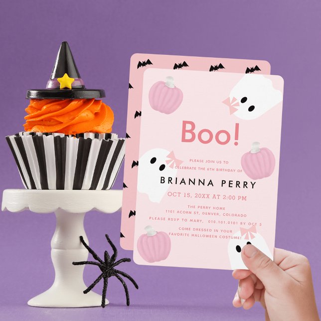 Convite Boo! Halloween Ghost Girl Pumpkin Pink Aniversário (Criador carregado)