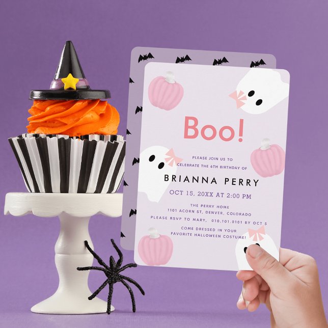 Convite Boo! Halloween Ghost Girl Pumpkin Purple Birday (Criador carregado)