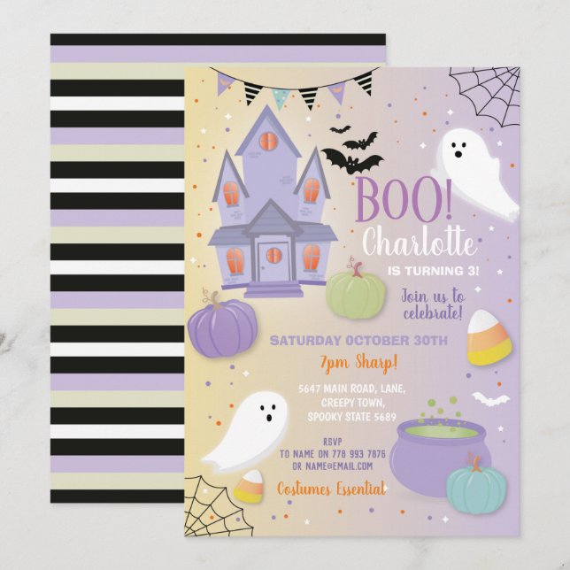 Convite Boo Kids Halloween Roxo, Fantasmas do Feriado (Frente/Verso)